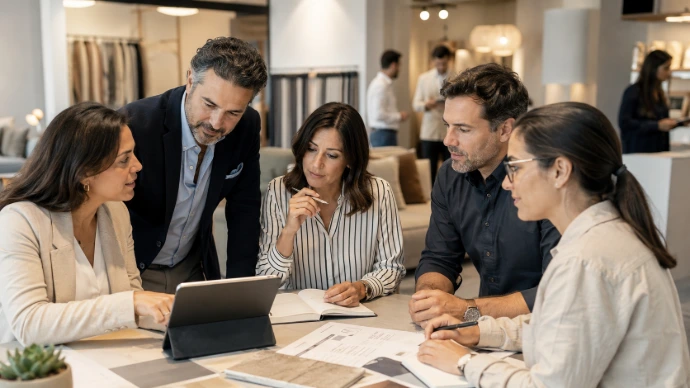 Equipo comercial utilizando una tablet en una interacción digital