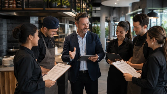 Responsable de operación usando sistema en restaurante