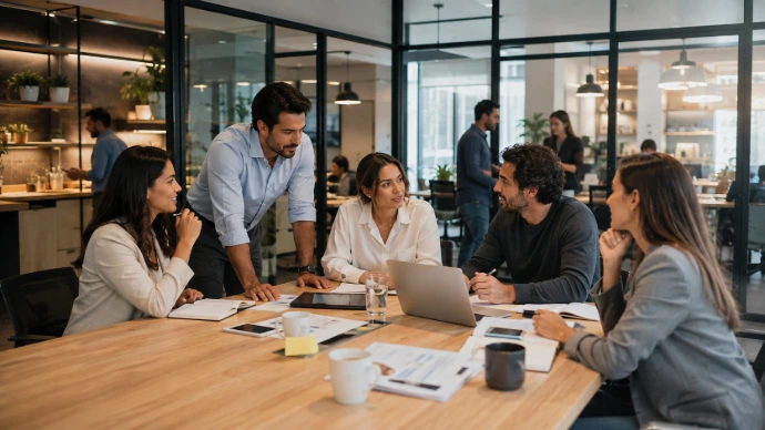 Equipo coordinando distintas áreas de una empresa